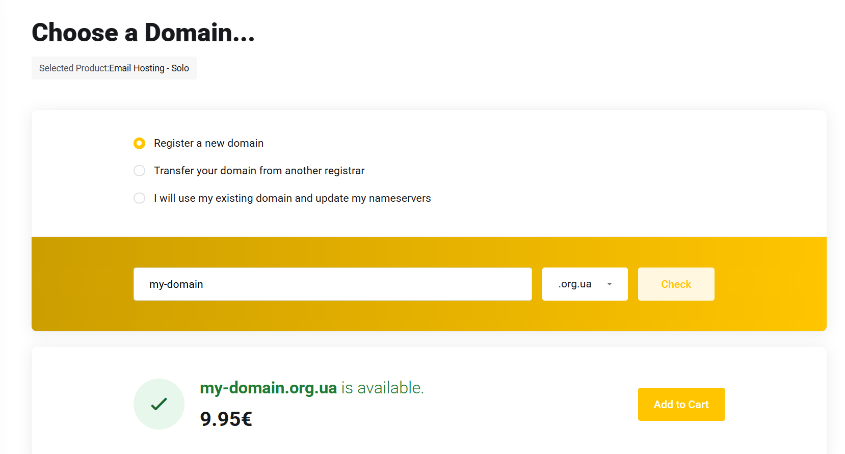 Register a new domain during the Email Hosting order flow