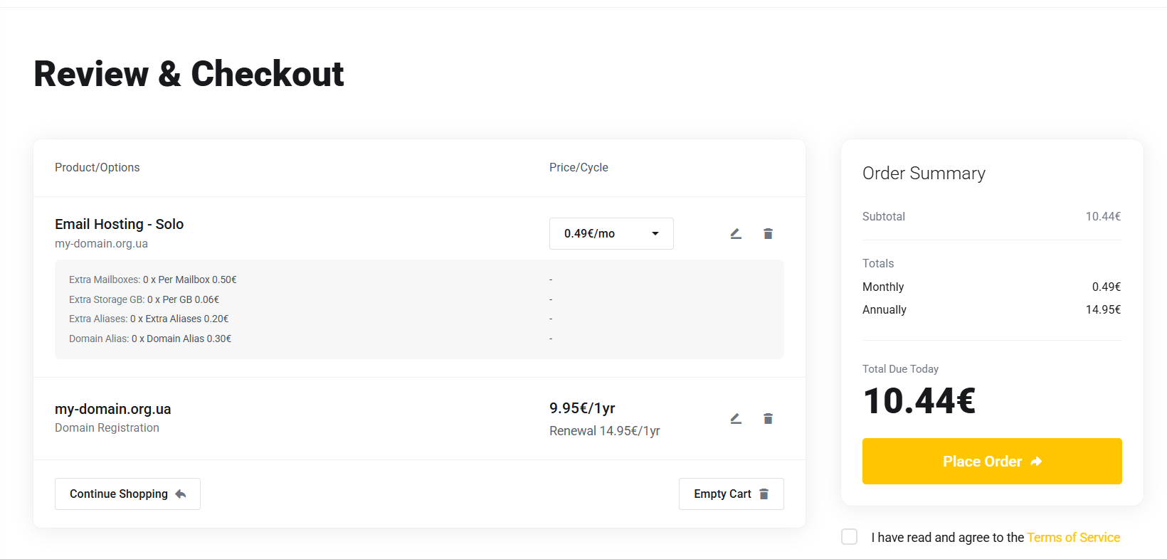 Review and checkout for the domain and email hosting order