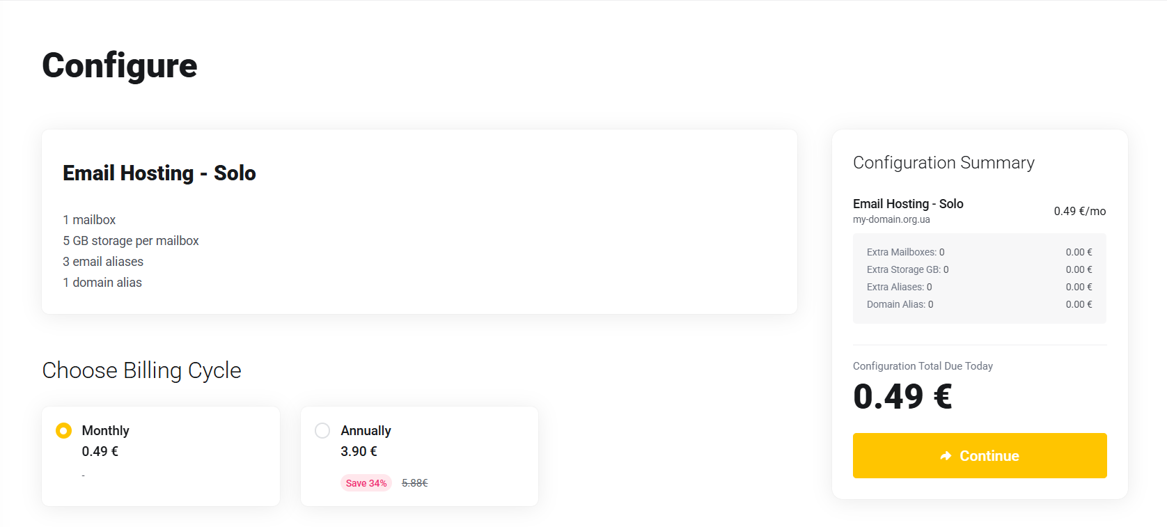 Choose billing cycle for Email Hosting - Solo