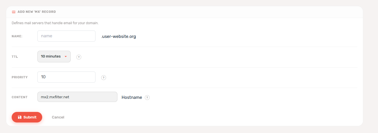 Example of adding an MX record at a DNS provider