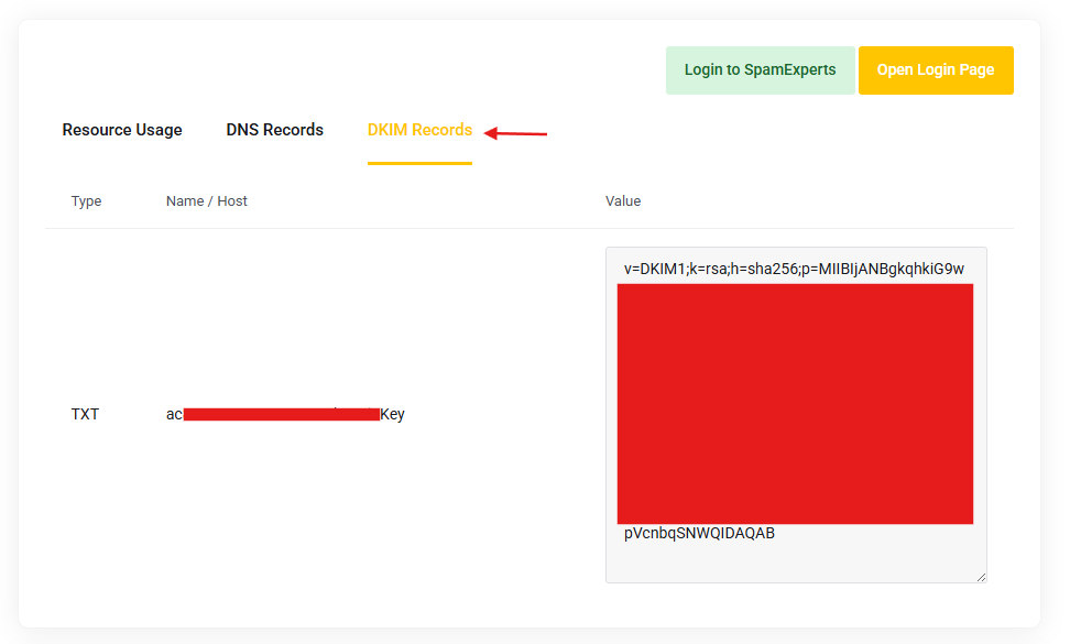 DKIM record shown in the Avahost panel