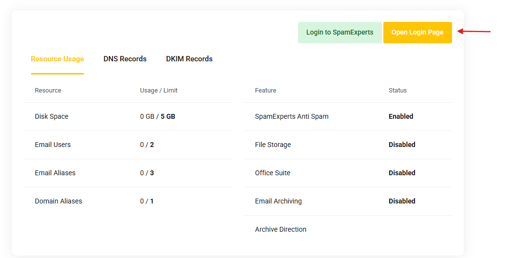 Open Login Page button in the Email Hosting service