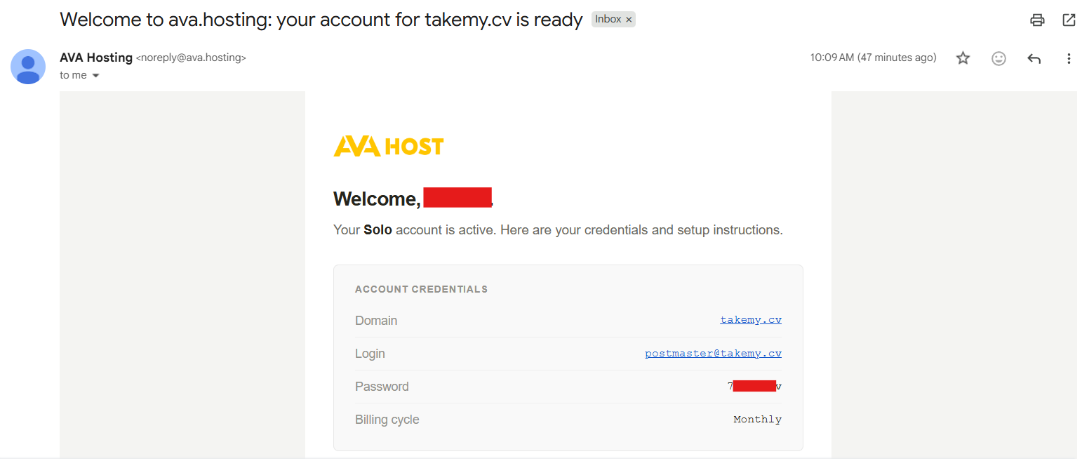 Welcome email with login credentials for the mailbox