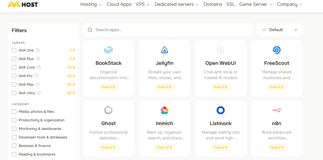 Каталог AVA HOST Cloud Apps з опціями пошуку та фільтрування
