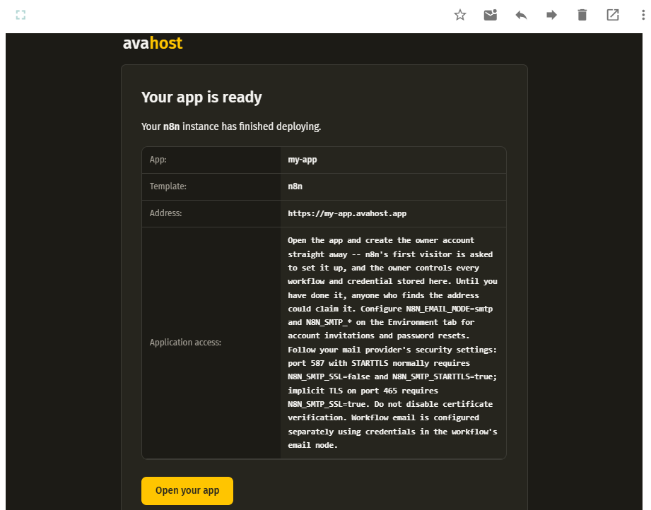 AVA HOST deployment confirmation email with the app address and access instructions