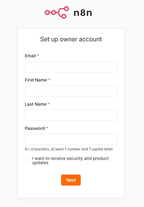 n8n owner-account setup page