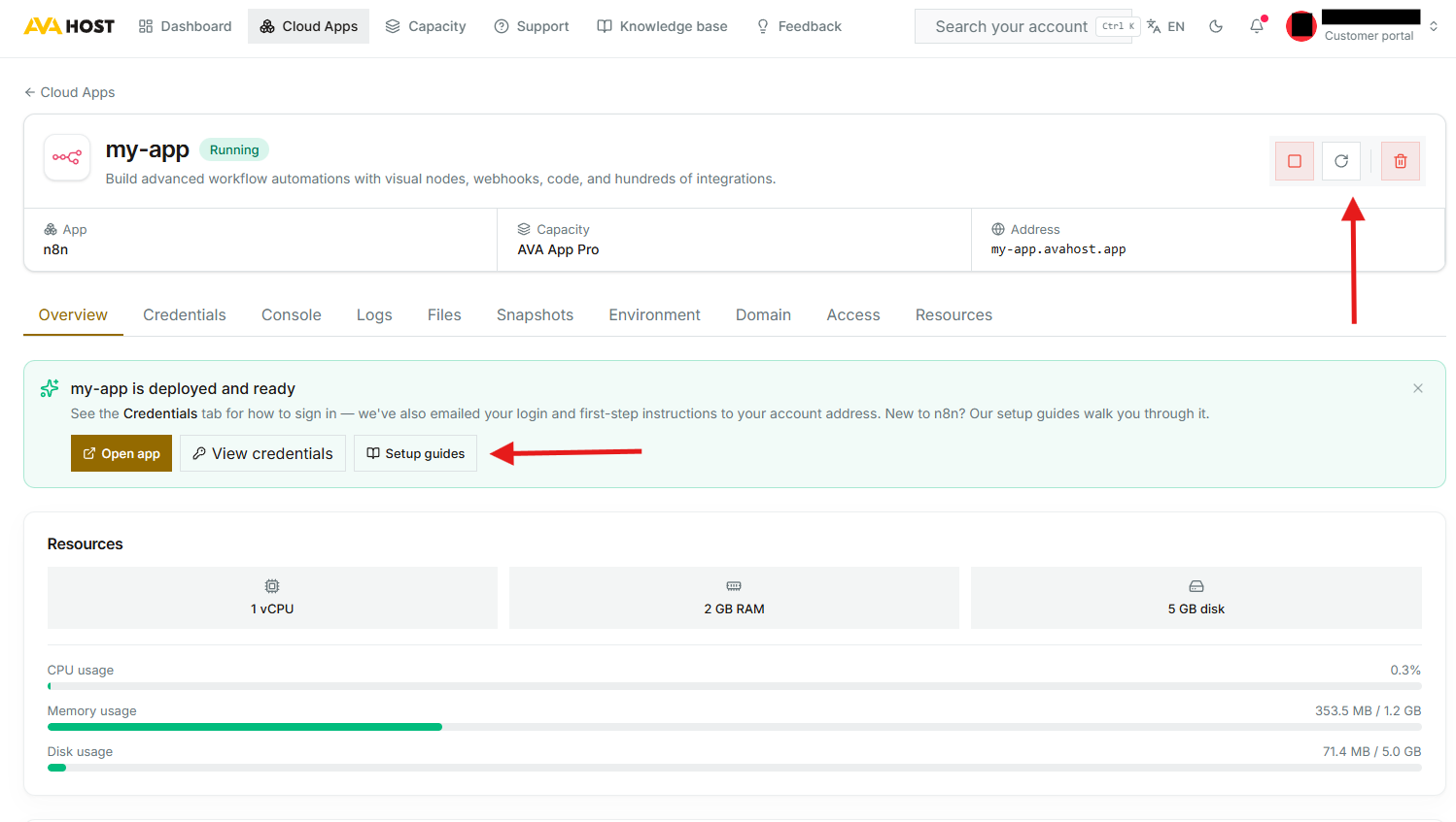 Cloud App management page with status, controls, setup links, and resource usage