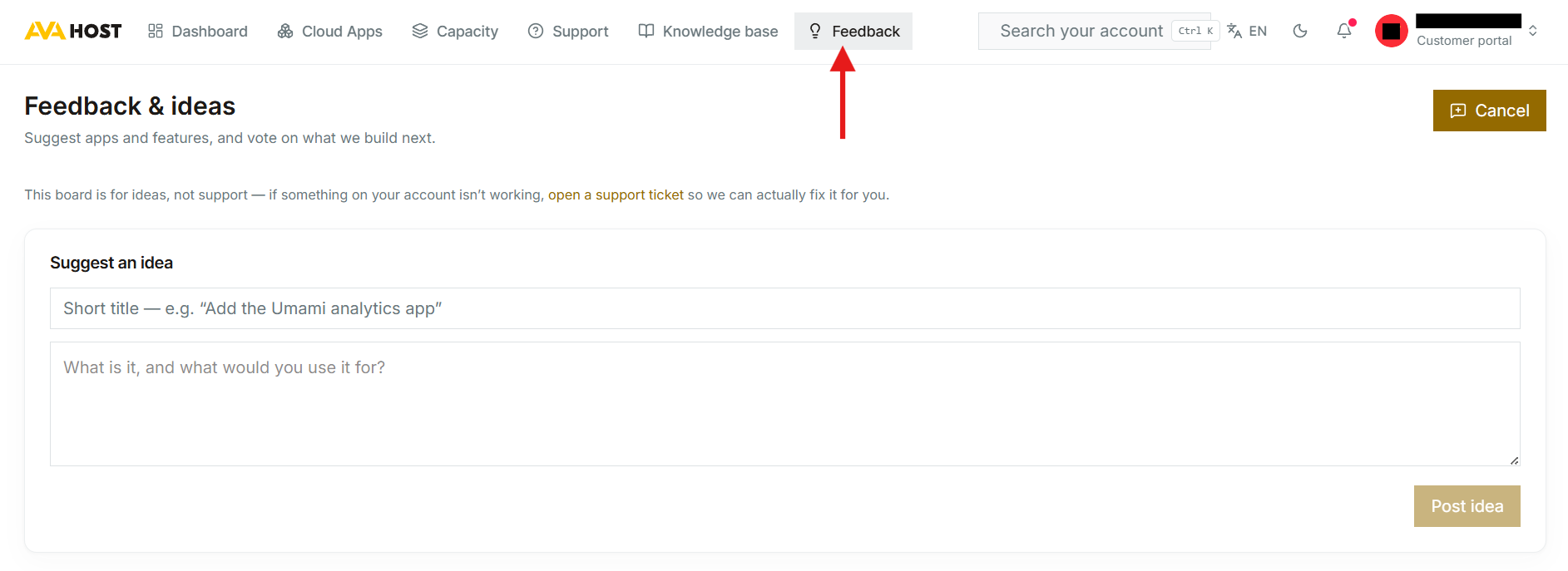 AVA HOST Feedback and ideas page for suggesting apps and features