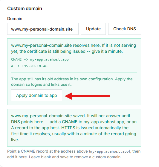 Успішна перевірка DNS користувацького домену з виділеною кнопкою Apply domain to app