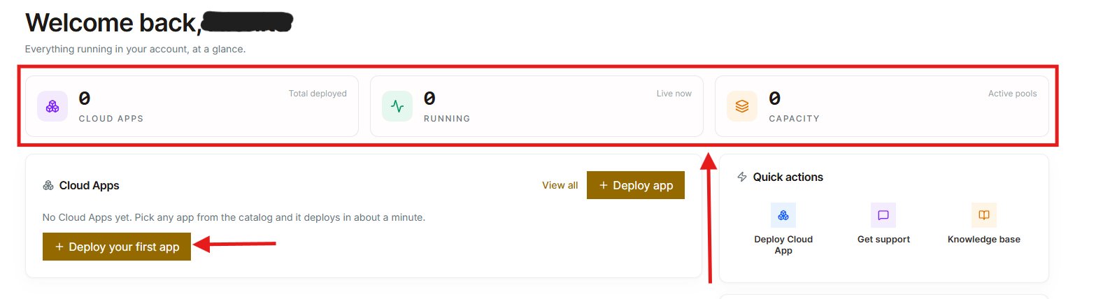 AVA HOST dashboard showing app, running, and capacity summaries