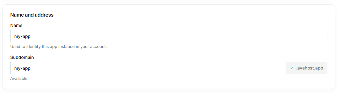 App name and avahost.app subdomain configuration