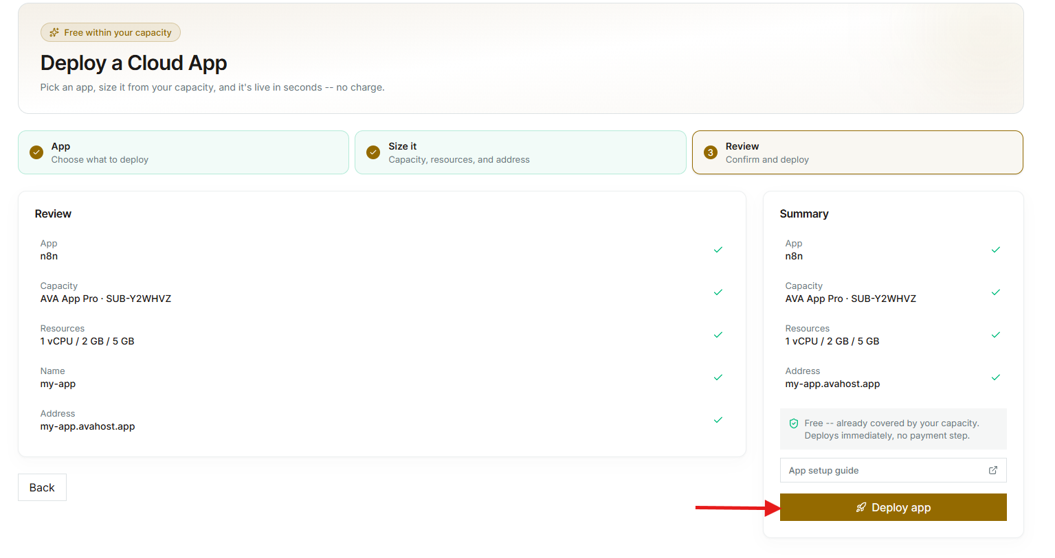 Final deployment review with the Deploy app button
